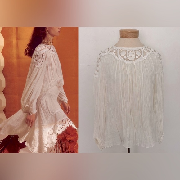 NWT CHLOE BOHO CROCHET MILK WHITE GUIPURE LACE EMBROIDERY BLOUSE SHIRT TOP 36 - Picture 1 of 15